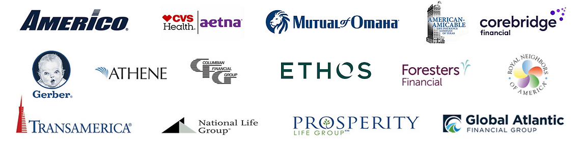 Insurance carrier partners including Americo, CVS, Aetna, Mutual of Omaha, Corebridge, Gerber, Athene, ETHOS, Foresters, Transamerica, National Life Group, Prosperity, and Global Atlantic